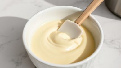 Tigela com creme de confeiteiro cremoso, de cor amarelo pálido e textura lisa, pronto para ser usado.