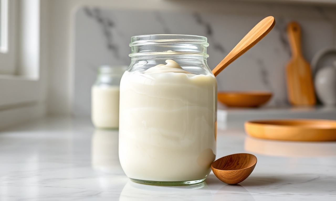 Pote de vidro com creme branco, liso e homogêneo, pronto para usar em sobremesas.
