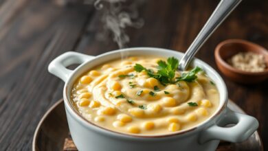 Tigela fumegante de creme de milho cremoso com grãos inteiros, finalizada com folhas de salsinha fresca.