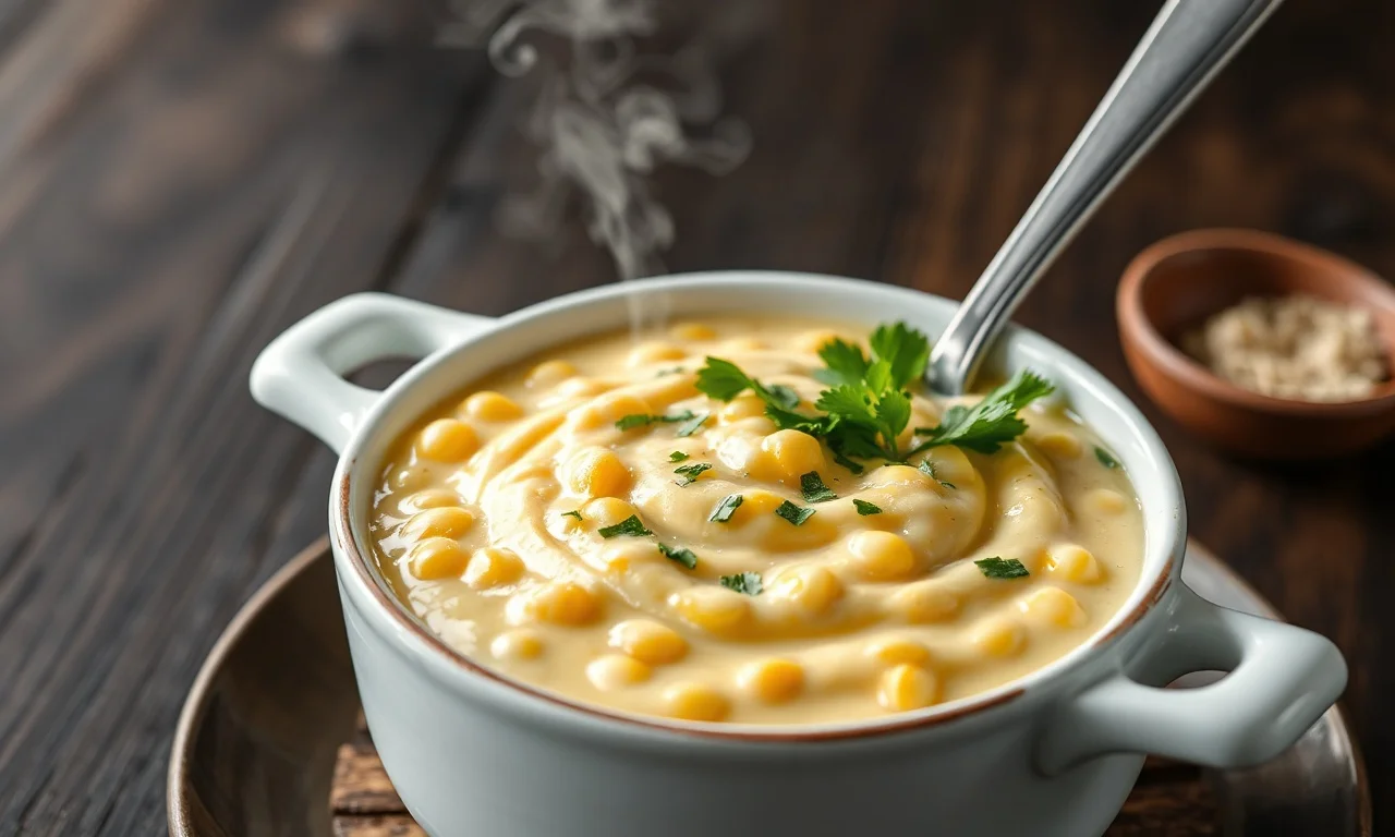 Creme De Milho Sem Liquidificador: Rústico E Prático 3 Tigela fumegante de creme de milho cremoso com grãos inteiros, finalizada com folhas de salsinha fresca.