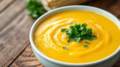 Tigela de creme de milho verde de cor amarelo-vivo, com textura encorpada e homogênea, finalizada com folhas frescas de cheiro-verde picado.