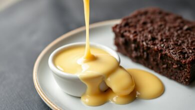Tigela de creme inglês com mel, aveludado e dourado, servido como molho.