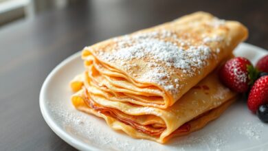 Pilha de crepes dourados, finos e macios, prontos para rechear.