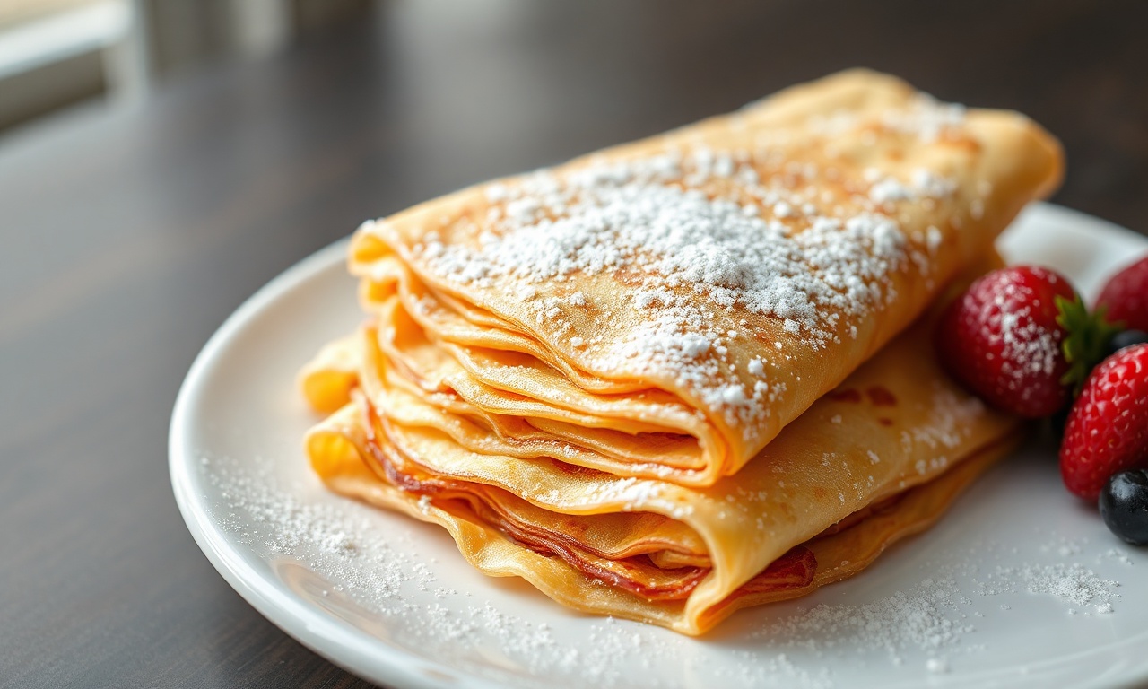 Pilha de crepes dourados, finos e macios, prontos para rechear.
