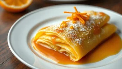 Crepes finos enrolados e banhados por uma calda brilhante de laranja caramelizada, com raspas de laranja fresca, servidos em prato de porcelana branca.