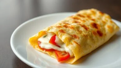 Uma crepioca dourada e macia, dobrada ao meio, com queijo derretido escorrendo e fatias de tomate e orégano visíveis.
