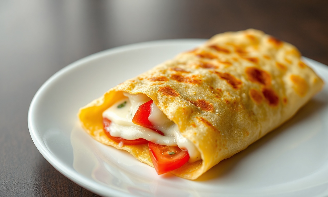 Uma crepioca dourada e macia, dobrada ao meio, com queijo derretido escorrendo e fatias de tomate e orégano visíveis.