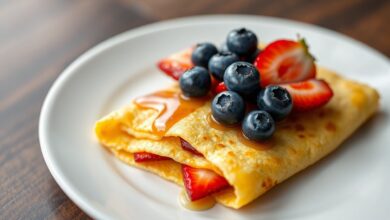 Panqueca dourada de tapioca e ovo, recheada com frutas vermelhas e um fio de mel, servida em prato de cerâmica.
