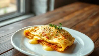 Uma crepioca dourada, leve e perfeitamente dobrada, servida em um prato simples, com o queijo derretido visível na borda.