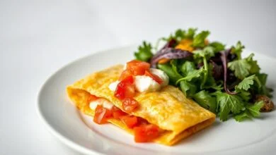 Crepioca dourada e dobrada ao meio, com recheio de queijo cottage derretido e tomate, acompanhada de folhas verdes frescas