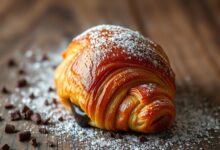 Croissant de chocolate dourado com camadas folhadas estaladiças, recheio de chocolate meio amargo derretido escapando pela ponta, servido sobre superfície de madeira rústica.