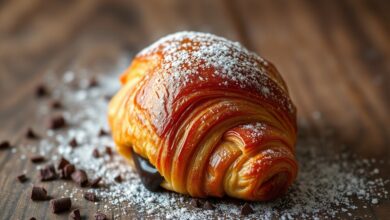 Croissant de chocolate dourado com camadas folhadas estaladiças, recheio de chocolate meio amargo derretido escapando pela ponta, servido sobre superfície de madeira rústica.