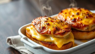 Sanduíche quente francês com crosta dourada de béchamel gratinado e queijo derretido borbulhando.