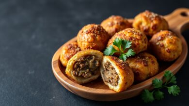 Croquetes dourados e crocantes, com um cortado ao meio mostrando o interior macio, servidos em uma travessa rústica.