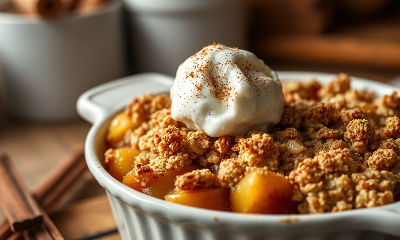 Sobremesa quente em forma de cerâmica com topping dourado e maçãs caramelizadas borbulhando nas bordas, acompanhada de uma bola de sorvete derretendo.