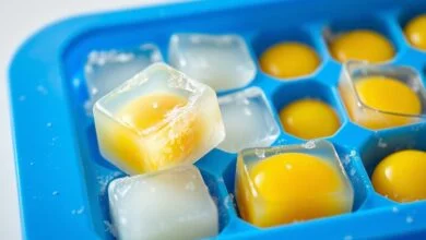 Cubos de ovos congelados em uma forma de silicone, prontos para uso.