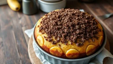 A cuca inteira em uma forma redonda, com bananas caramelizadas visíveis nas bordas e uma cobertura crocante de farofa de cacau.