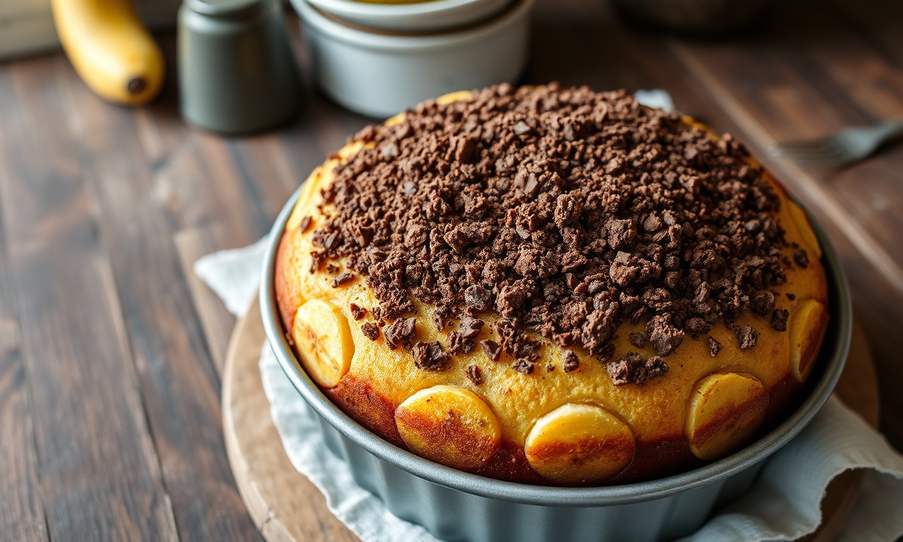 A cuca inteira em uma forma redonda, com bananas caramelizadas visíveis nas bordas e uma cobertura crocante de farofa de cacau.