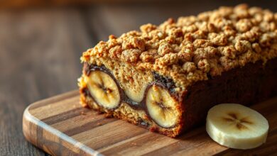 Bolo retangular dourado com farofa crocante por cima, fatiado revelando camadas de banana caramelizada e veios de chocolate derretido no interior macio