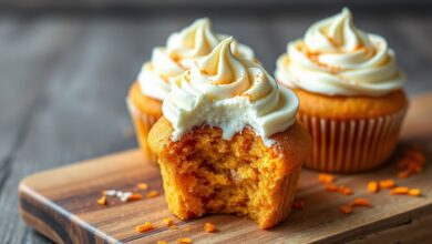 Cupcake dourado com textura fofinha, coberto com um leve creme, perfeito para o café da tarde.