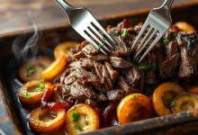 Carne de cupim macia e desfiada, repousando sobre rodelas de batata douradas, finalizada com salsinha fresca em uma assadeira rústica.