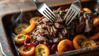 Carne de cupim macia e desfiada, repousando sobre rodelas de batata douradas, finalizada com salsinha fresca em uma assadeira rústica.