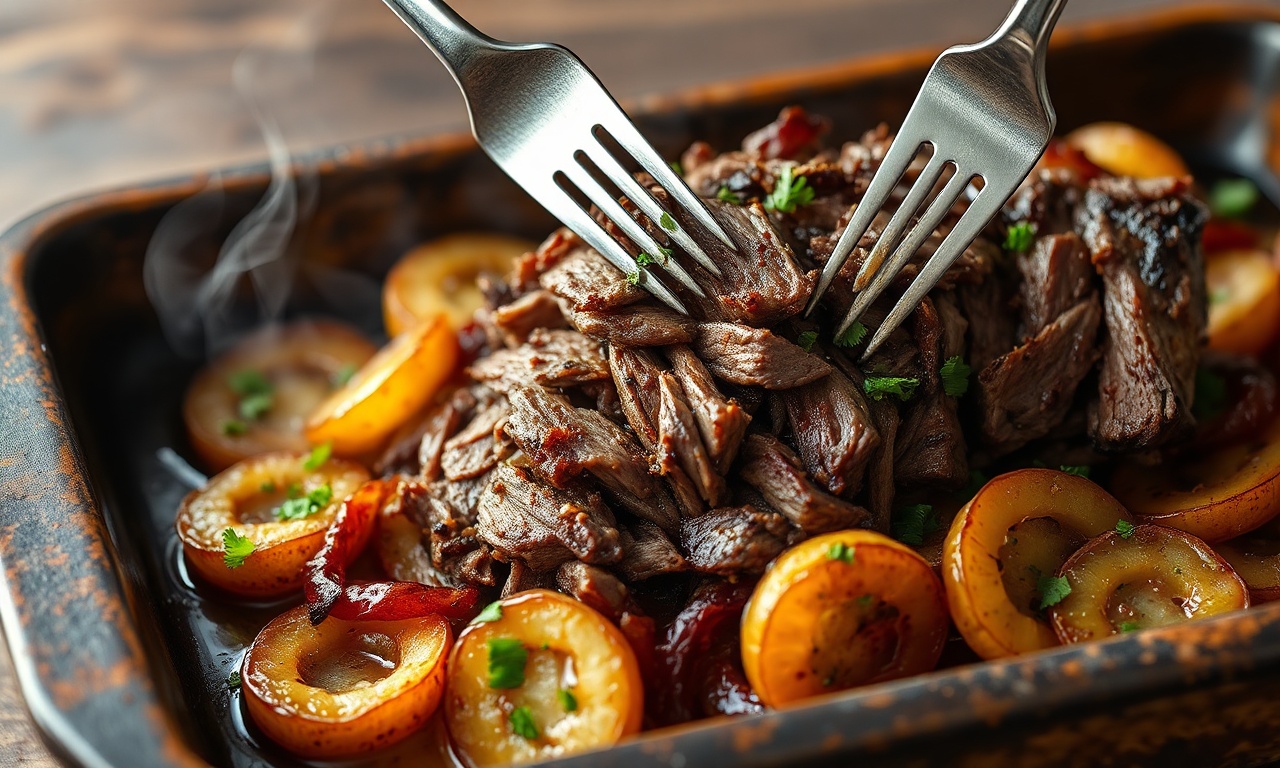 Carne de cupim macia e desfiada, repousando sobre rodelas de batata douradas, finalizada com salsinha fresca em uma assadeira rústica.