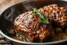 Bifes de cupim assados com crosta de mostarda Dijon dourada e caramelizada, carne desfiante e suculenta por dentro.