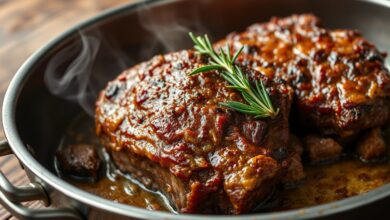 Bifes de cupim assados com crosta de mostarda Dijon dourada e caramelizada, carne desfiante e suculenta por dentro.