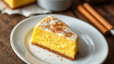 Travessa de curau de milho cremoso, fatiado, com cor amarela vibrante e textura aveludada, polvilhado com canela.
