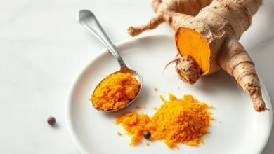 Rizoma de cúrcuma fresca recém-descascado, com interior alaranjado vibrante, lado a lado com a raiz ralada e um fio de azeite, pronto para temperar.