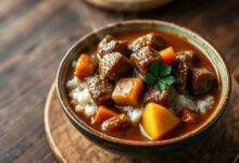 Tigela fumegante de curry japonês cremoso com carne macia, batatas e cenouras sobre uma cama de arroz branco.