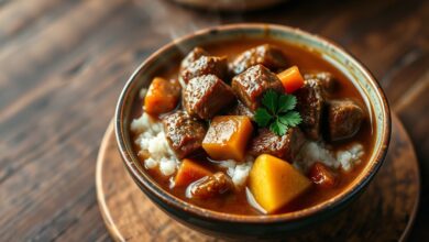 Tigela fumegante de curry japonês cremoso com carne macia, batatas e cenouras sobre uma cama de arroz branco.