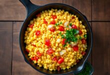 Cuscuz dourado e soltinho com legumes refogados, finalizado com folhas de salsinha fresca.