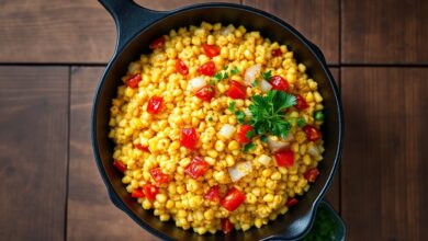 Cuscuz dourado e soltinho com legumes refogados, finalizado com folhas de salsinha fresca.