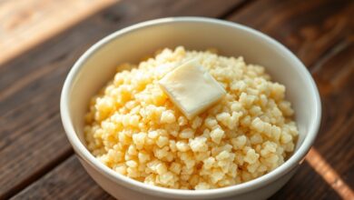 Prato de cuscuz de tapioca dourado e fofo, com grãos soltos e macios, servido em prato branco fundo, pronto para o café da manhã.