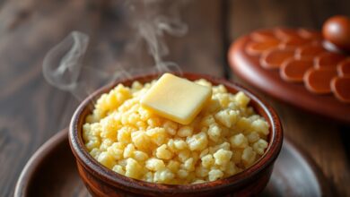 Cuscuz de tapioca com grãos soltos e macios, servido em uma cuscuzeira de barro tradicional, com uma fatia de manteiga derretida no topo.