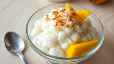 Cuscuz gelado de tapioca e coco em travessa, com textura cremosa e firme, coberto com coco ralado tostado e frutas frescas.