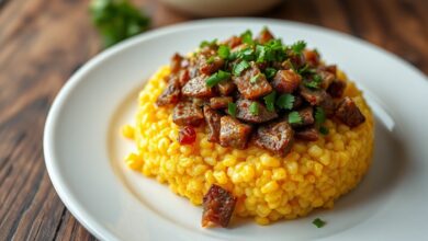 Cuscuz de milho dourado, soltinho e úmido, desenformado em prato branco, recheado com carne seca desfiada e cebola dourada, finalizado com salsinha fresca picada.