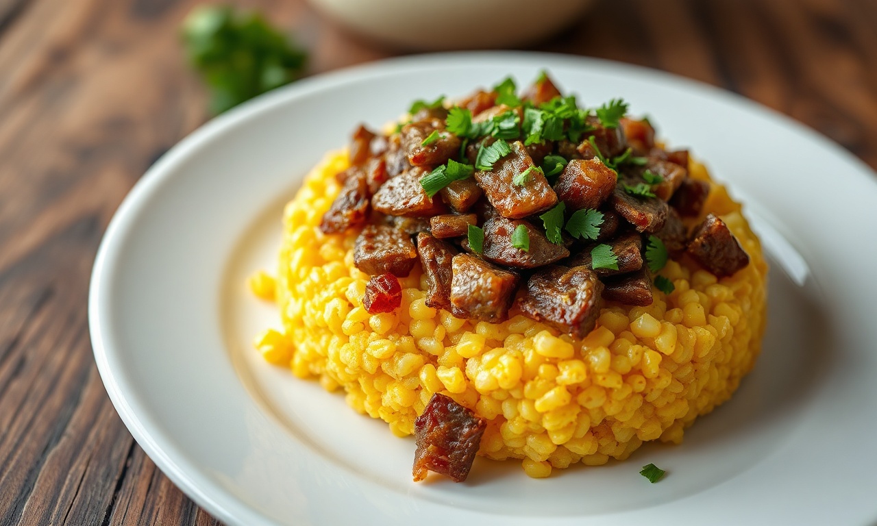 Cuscuz de milho dourado, soltinho e úmido, desenformado em prato branco, recheado com carne seca desfiada e cebola dourada, finalizado com salsinha fresca picada.