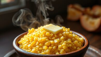 Um prato de cuscuz nordestino dourado, fofinho e soltinho, servido em um prato de barro com um fio de manteiga derretida brilhando.
