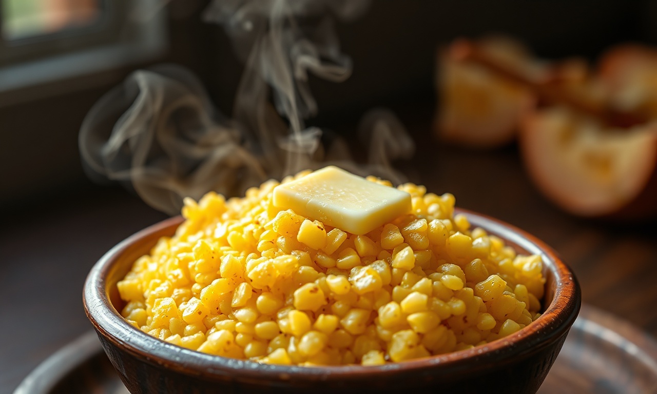 Um prato de cuscuz nordestino dourado, fofinho e soltinho, servido em um prato de barro com um fio de manteiga derretida brilhando.