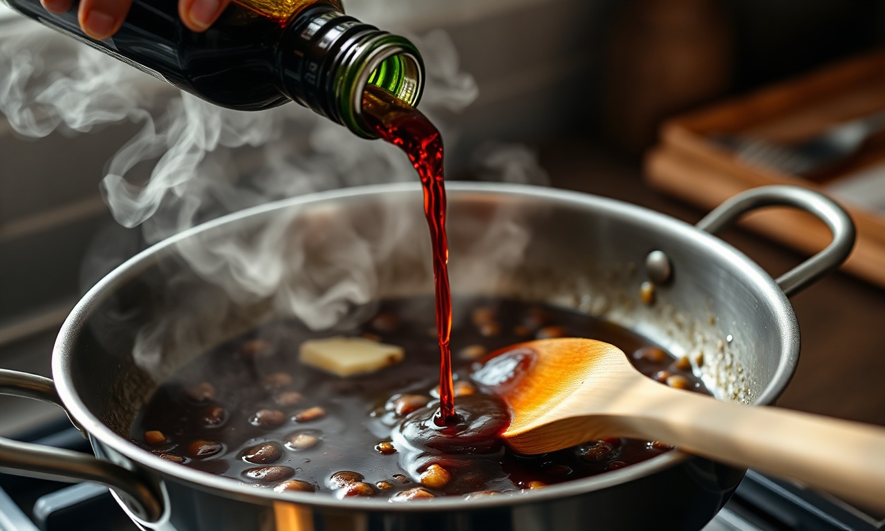 O momento crucial do deglaçamento, onde o vinho é adicionado para soltar os sucos da carne.