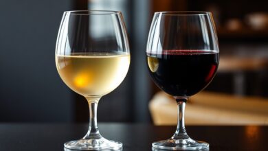 Duas taças de vinho lado a lado, uma com vinho branco pálido e outra com tinto profundo, ilustrando a diferença de corpo.
