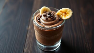 Uma taça de vidro transparente revelando a textura aveludada do creme marrom escuro, finalizada com lascas de cacau e uma rodelas de banana caramelizada na borda.