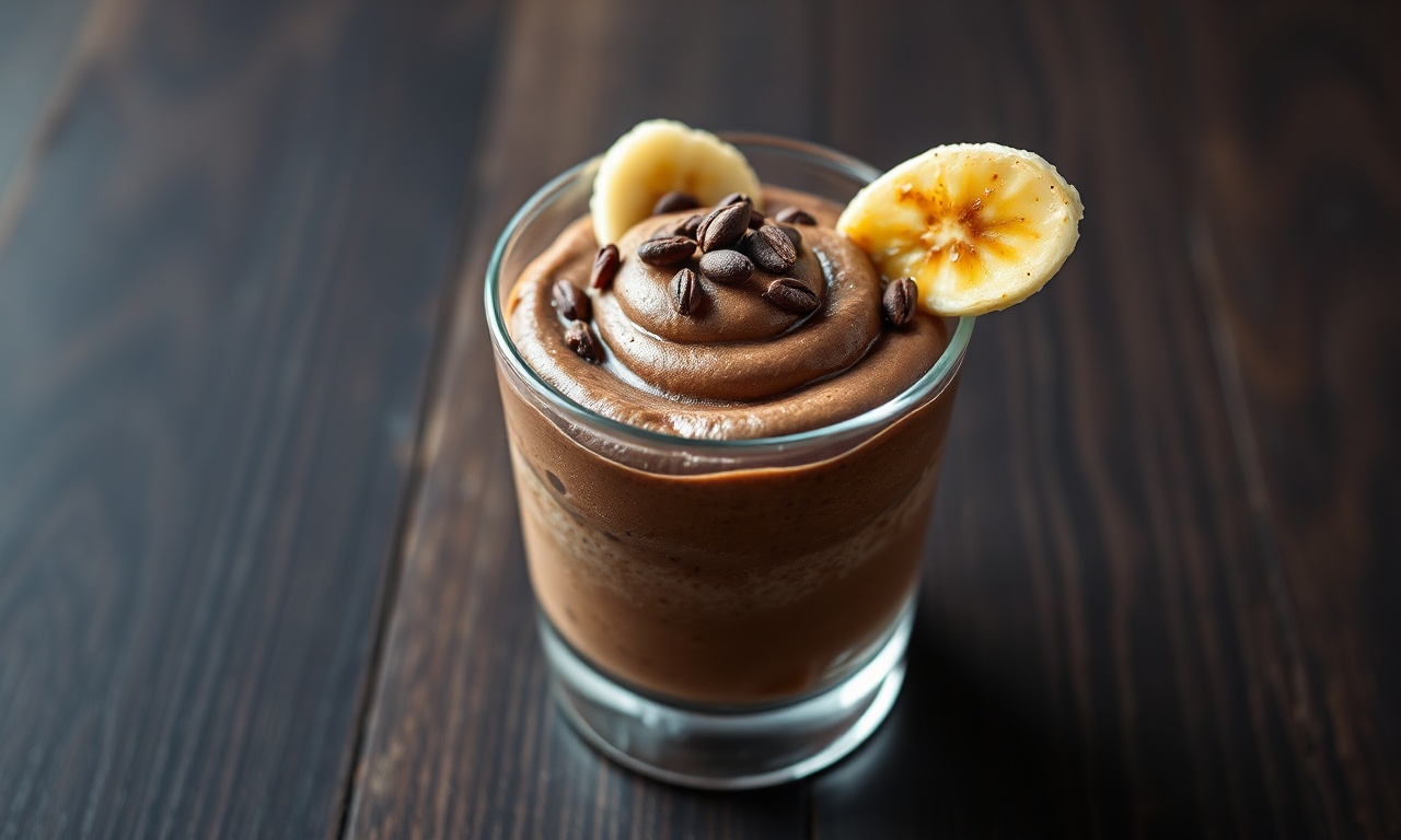 Uma taça de vidro transparente revelando a textura aveludada do creme marrom escuro, finalizada com lascas de cacau e uma rodelas de banana caramelizada na borda.