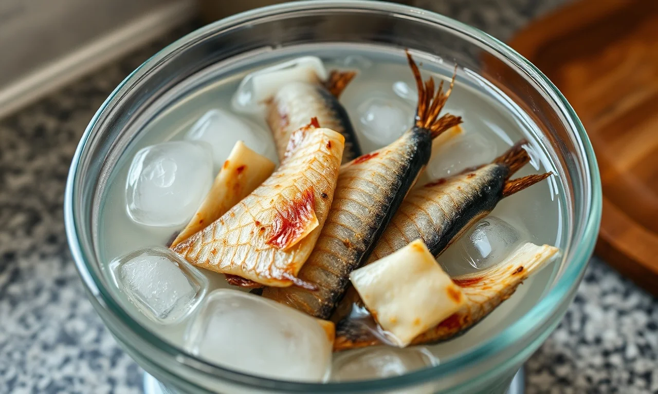 O passo mais importante: peixe seco de molho em tigela com água gelada e gelo