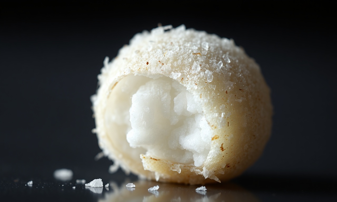 Bala De Coco Gelada: Fácil, Sem Fogão E Apenas 3 Ingredientes 6 Close-up macro da textura da bala, mostrando a casca crocante de açúcar e o interior macio.