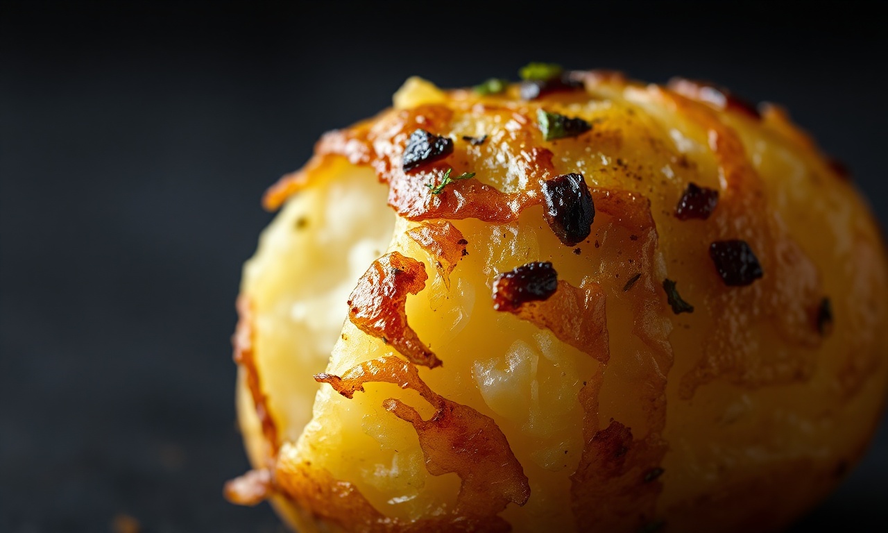 Close-up da casca crocante e dourada da batata.