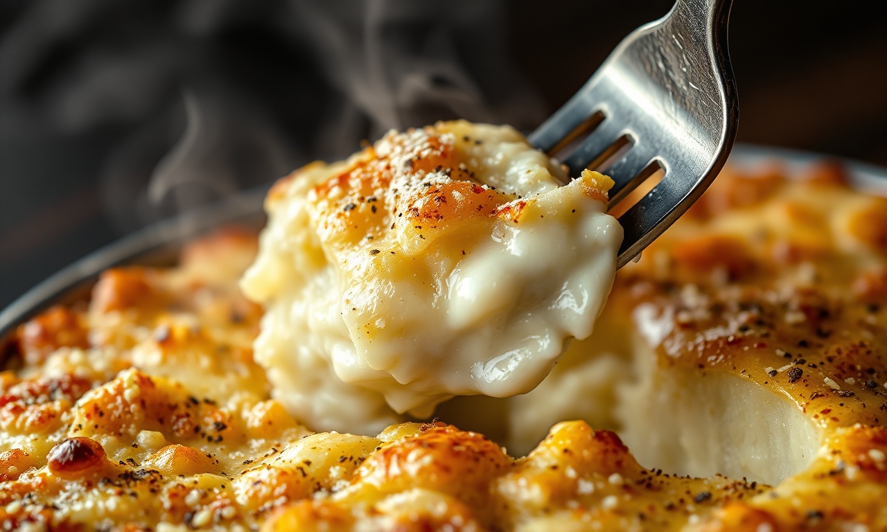 Close-up da crosta crocante de queijo e do creme cremoso entre as batatas.